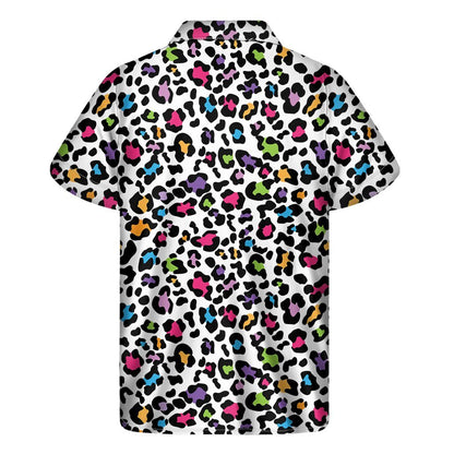 White And Rainbow Leopard Print Mens Short Sleeve Shirt Hawaiian