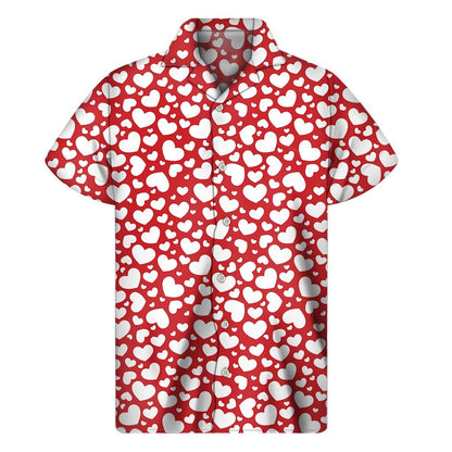 White And Red Heart Pattern Print Mens Short Sleeve Shirt Hawaiian