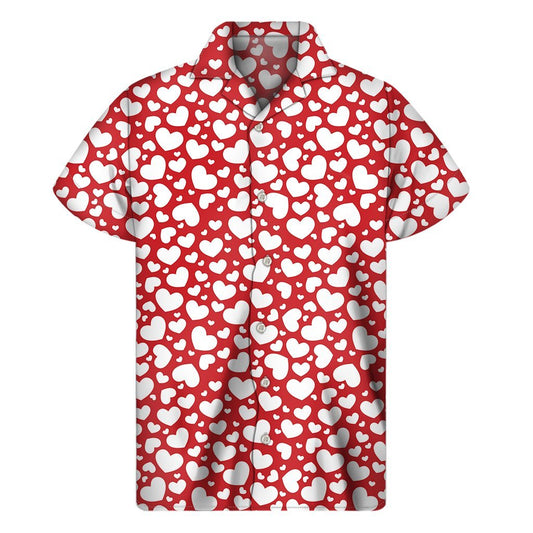 White And Red Heart Pattern Print Mens Short Sleeve Shirt Hawaiian