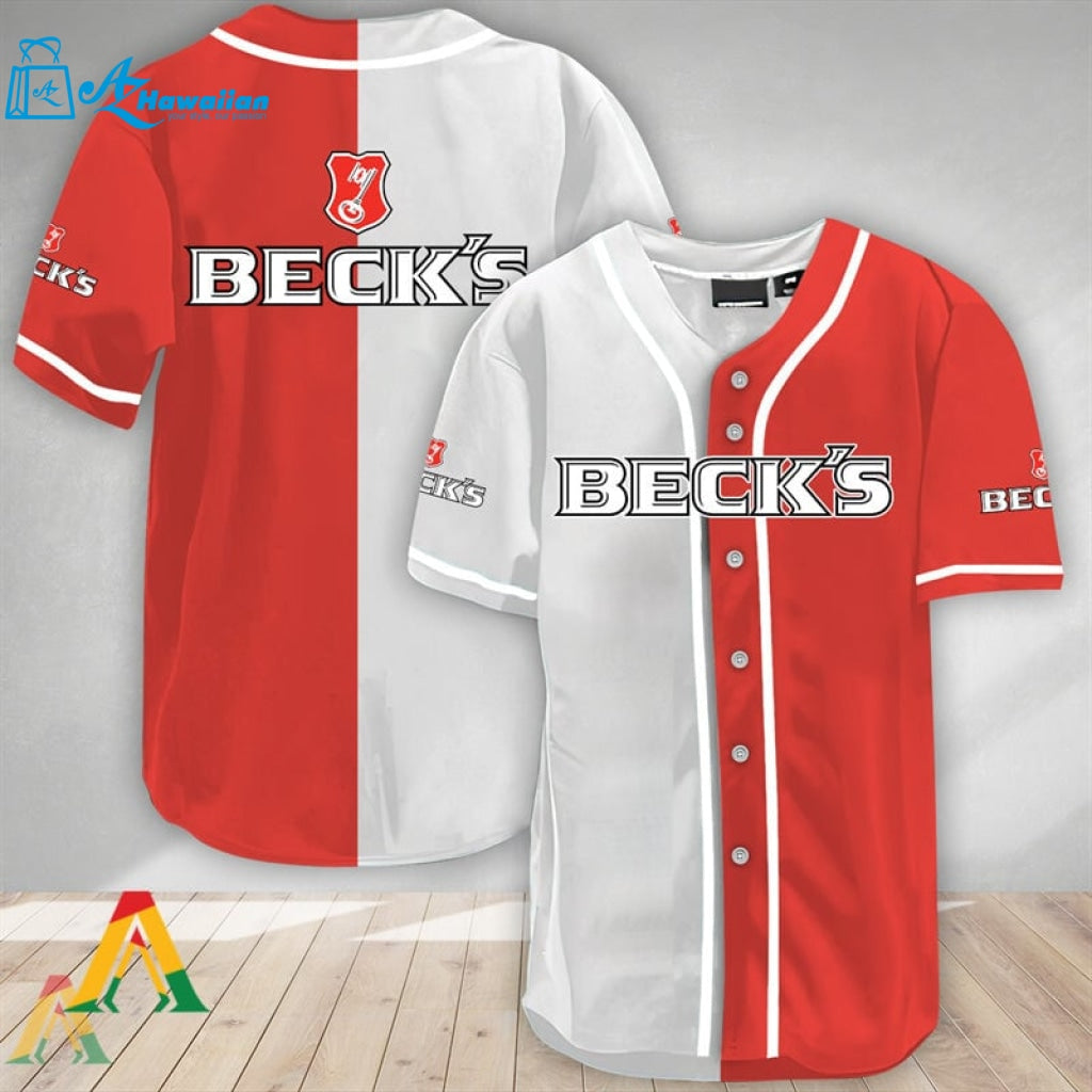 White And Red Split Beck's Beer Baseball Jersey