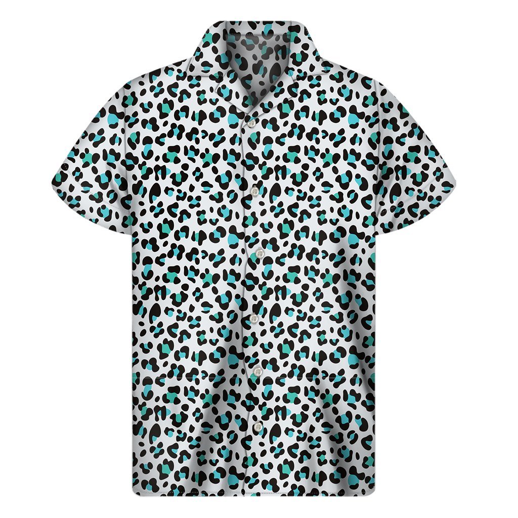 White And Teal Leopard Print Mens Short Sleeve Shirt Hawaiian