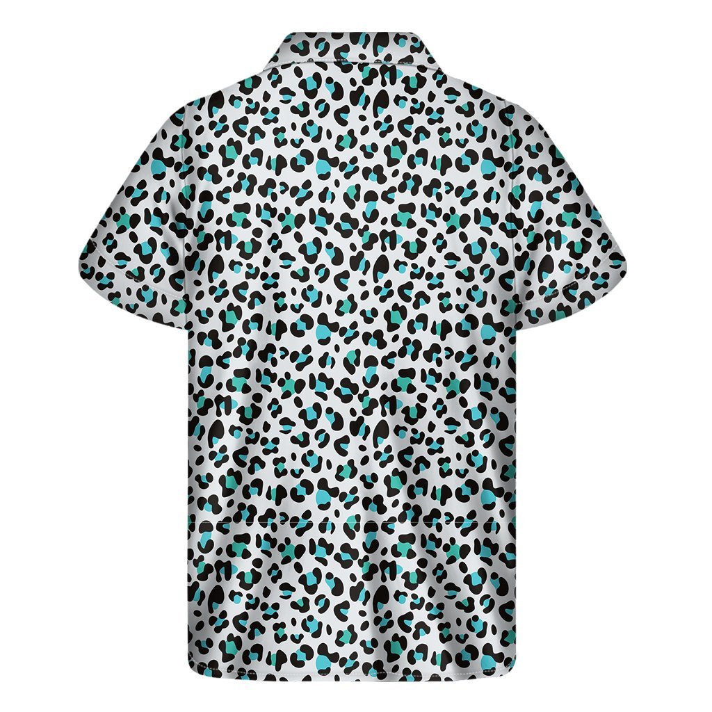 White And Teal Leopard Print Mens Short Sleeve Shirt Hawaiian