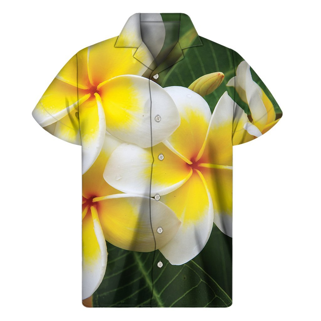 White And Yellow Plumeria Flower Print Mens Short Sleeve Shirt Hawaiian