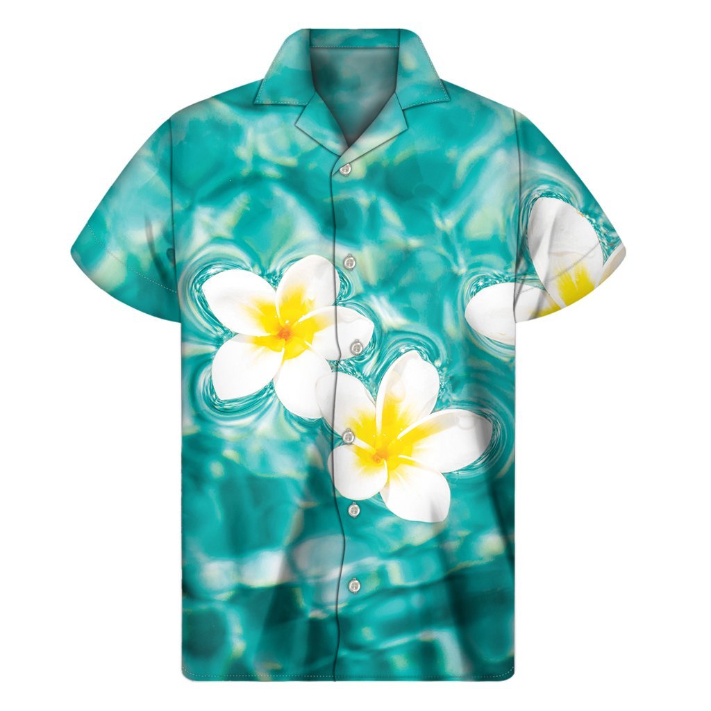 White And Yellow Plumeria In Water Print Mens Short Sleeve Shirt Hawaiian