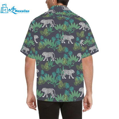 White Bengal Tigers Tropical Plant Mens All Over Print Hawaiian Shirt