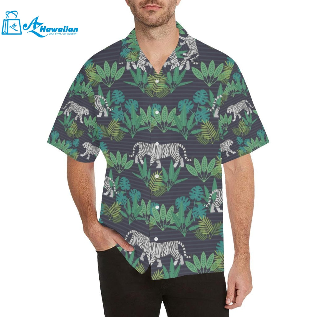 White Bengal Tigers Tropical Plant Mens All Over Print Hawaiian Shirt