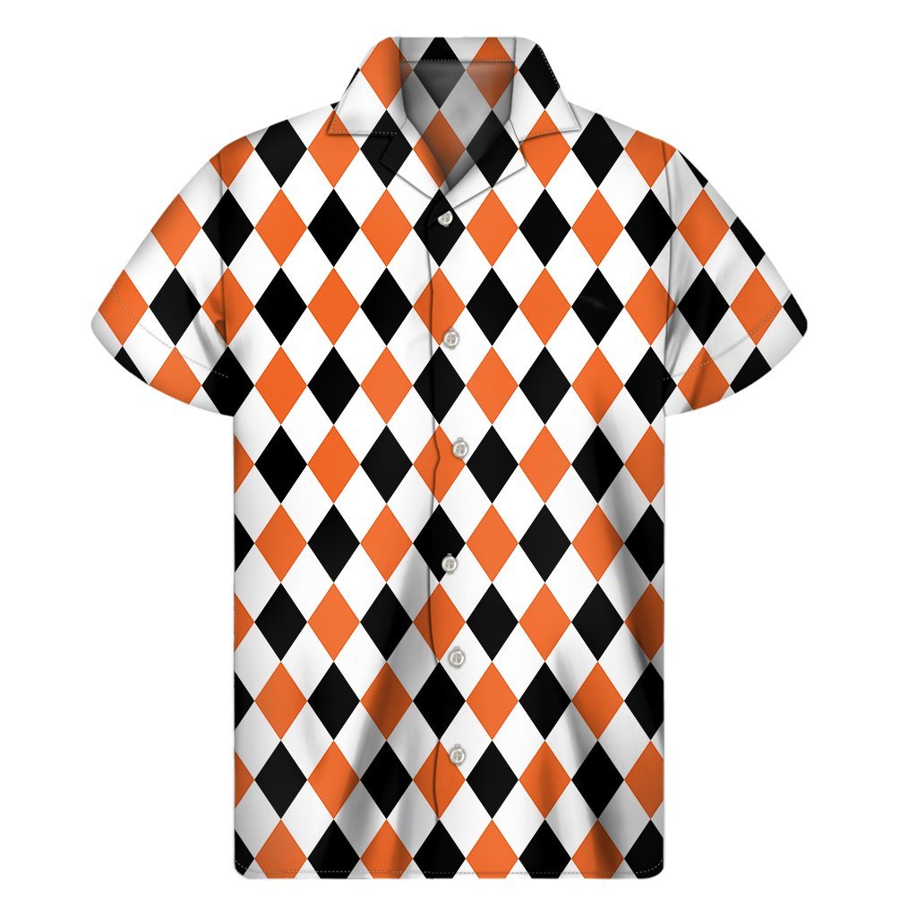 White Black And Orange Harlequin Print Mens Short Sleeve Shirt Hawaiian