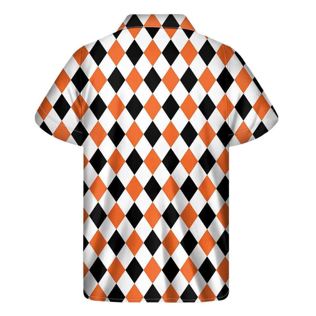 White Black And Orange Harlequin Print Mens Short Sleeve Shirt Hawaiian