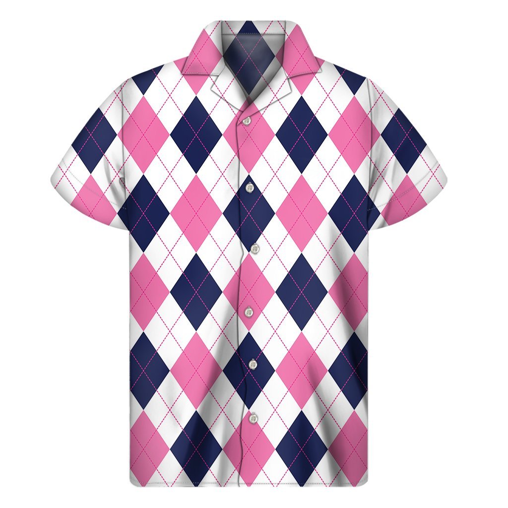 White Blue And Pink Argyle Pattern Print Mens Short Sleeve Shirt Hawaiian