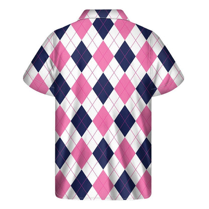 White Blue And Pink Argyle Pattern Print Mens Short Sleeve Shirt Hawaiian