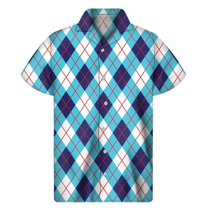 White Blue And Red Argyle Pattern Print Mens Short Sleeve Shirt Hawaiian