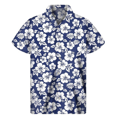 White Blue Hibiscus Floral Pattern Print Mens Short Sleeve Shirt Hawaiian