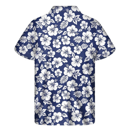 White Blue Hibiscus Floral Pattern Print Mens Short Sleeve Shirt Hawaiian