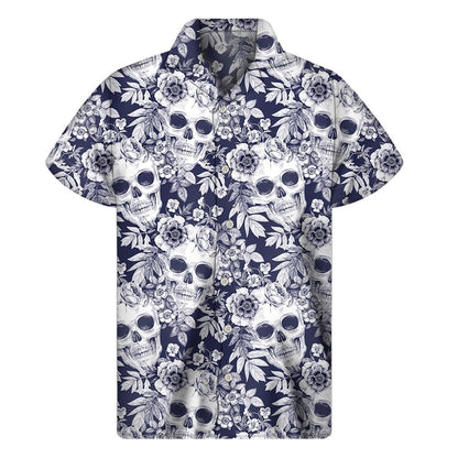 White Blue Skull Floral Pattern Print Mens Short Sleeve Shirt Hawaiian