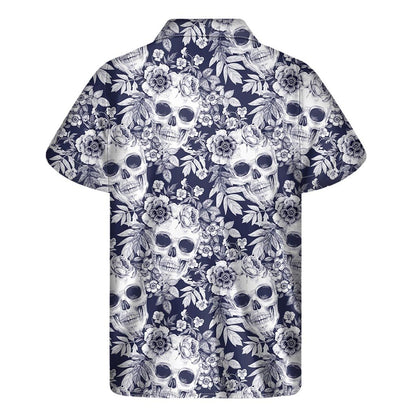 White Blue Skull Floral Pattern Print Mens Short Sleeve Shirt Hawaiian