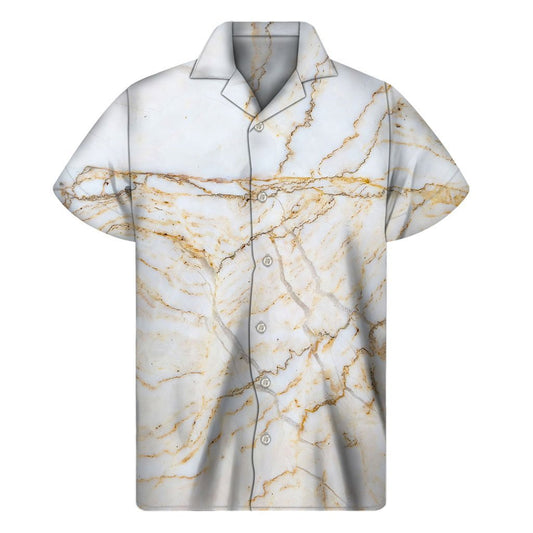 White Brown Grunge Marble Print Mens Short Sleeve Shirt Hawaiian