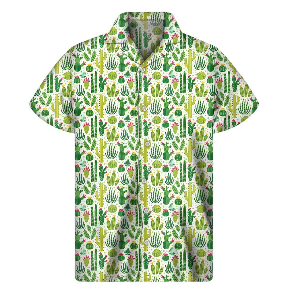 White Cactus Plant Pattern Print Mens Short Sleeve Shirt Hawaiian