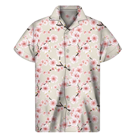 White Cherry Blossom Pattern Print Mens Short Sleeve Shirt Hawaiian