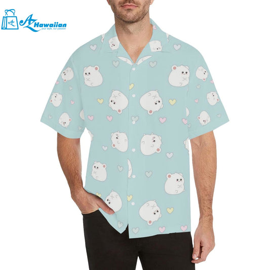 White Cute Hamsters Heart Pattern Mens All Over Print Hawaiian Shirt