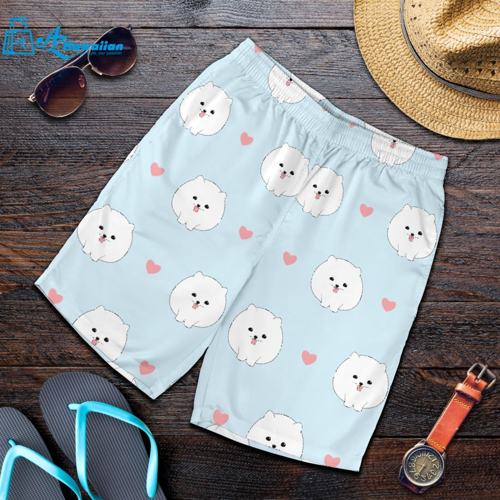 White Cute Pomeranian Pattern Men Shorts