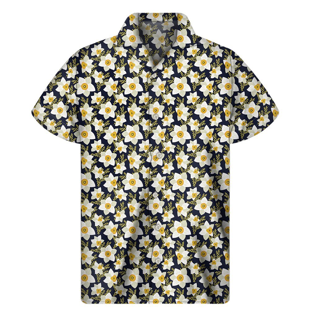 White Daffodil Flower Pattern Print Mens Short Sleeve Shirt Hawaiian