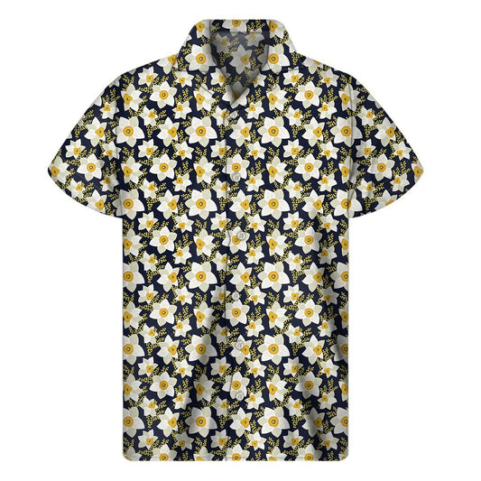 White Daffodil Flower Pattern Print Mens Short Sleeve Shirt Hawaiian