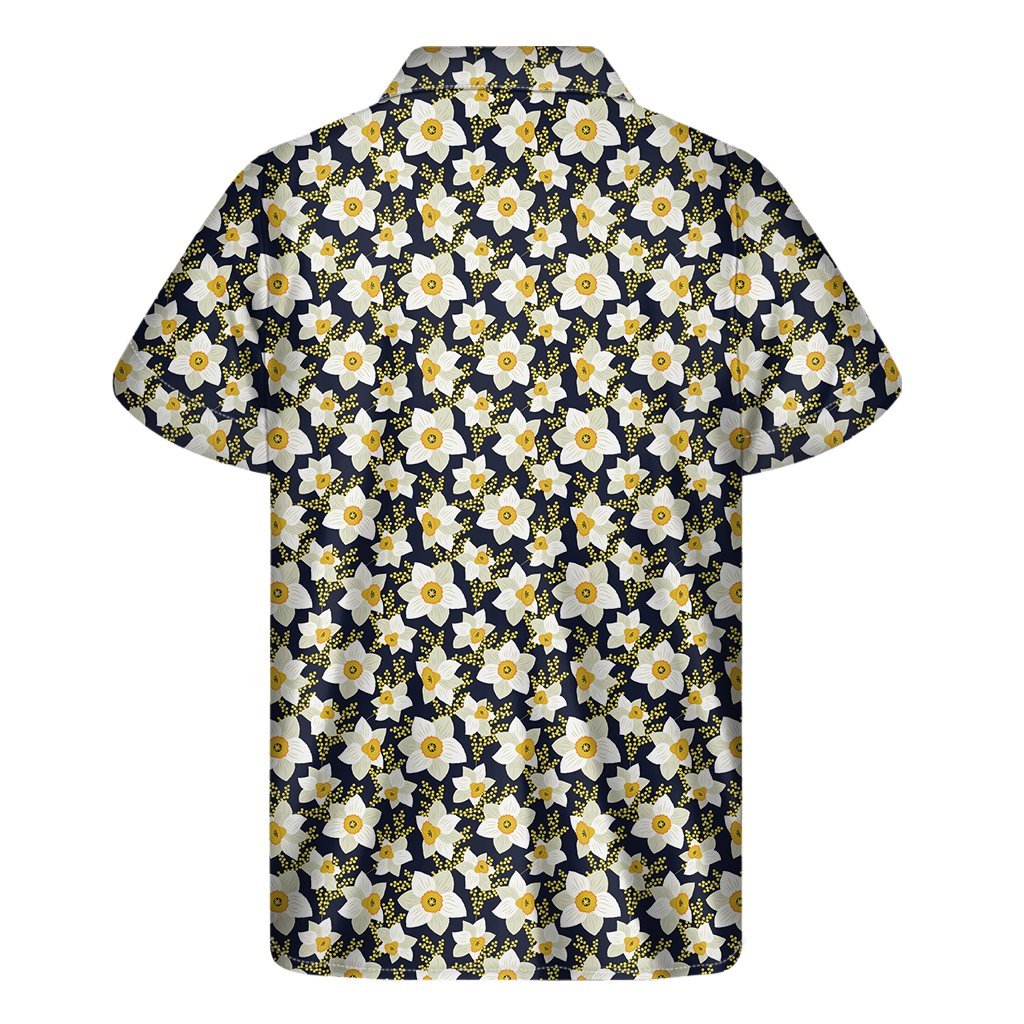 White Daffodil Flower Pattern Print Mens Short Sleeve Shirt Hawaiian