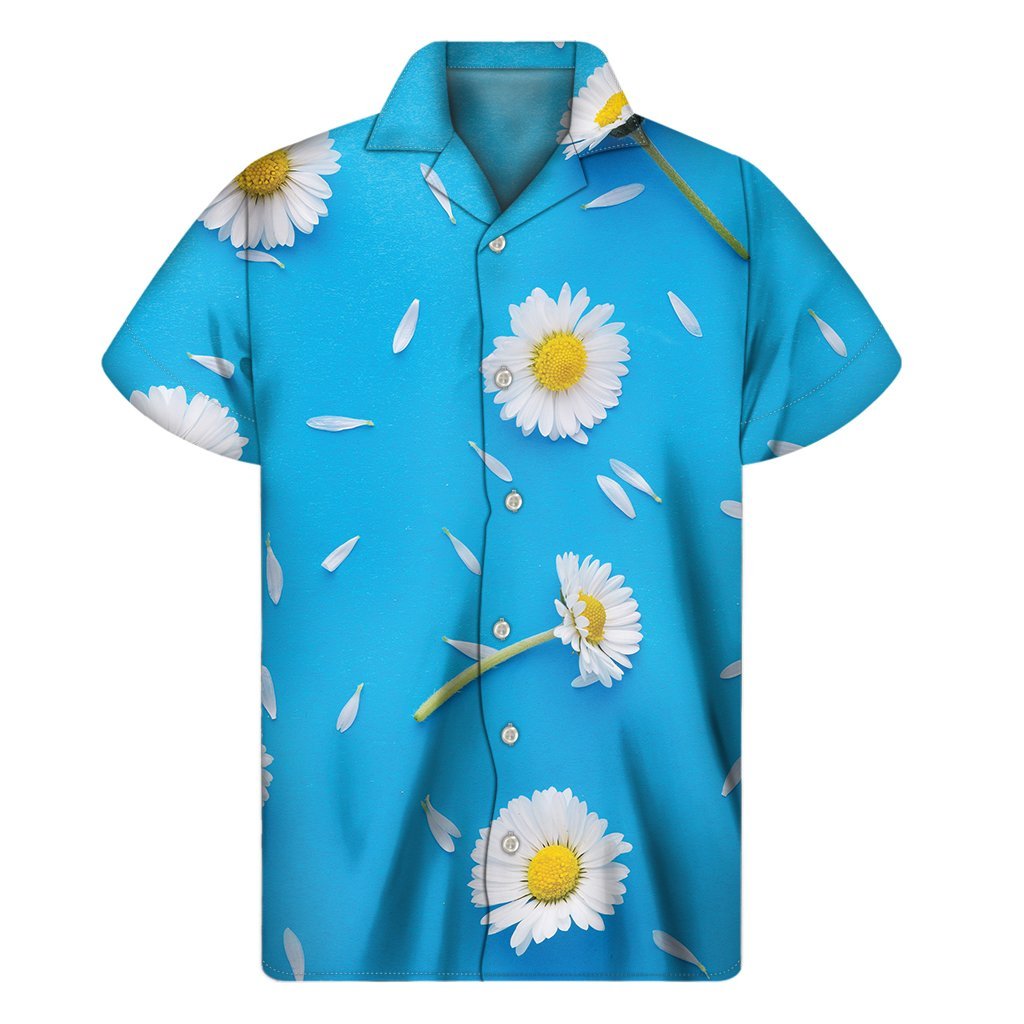 White Daisy Flower Print Mens Short Sleeve Shirt Hawaiian