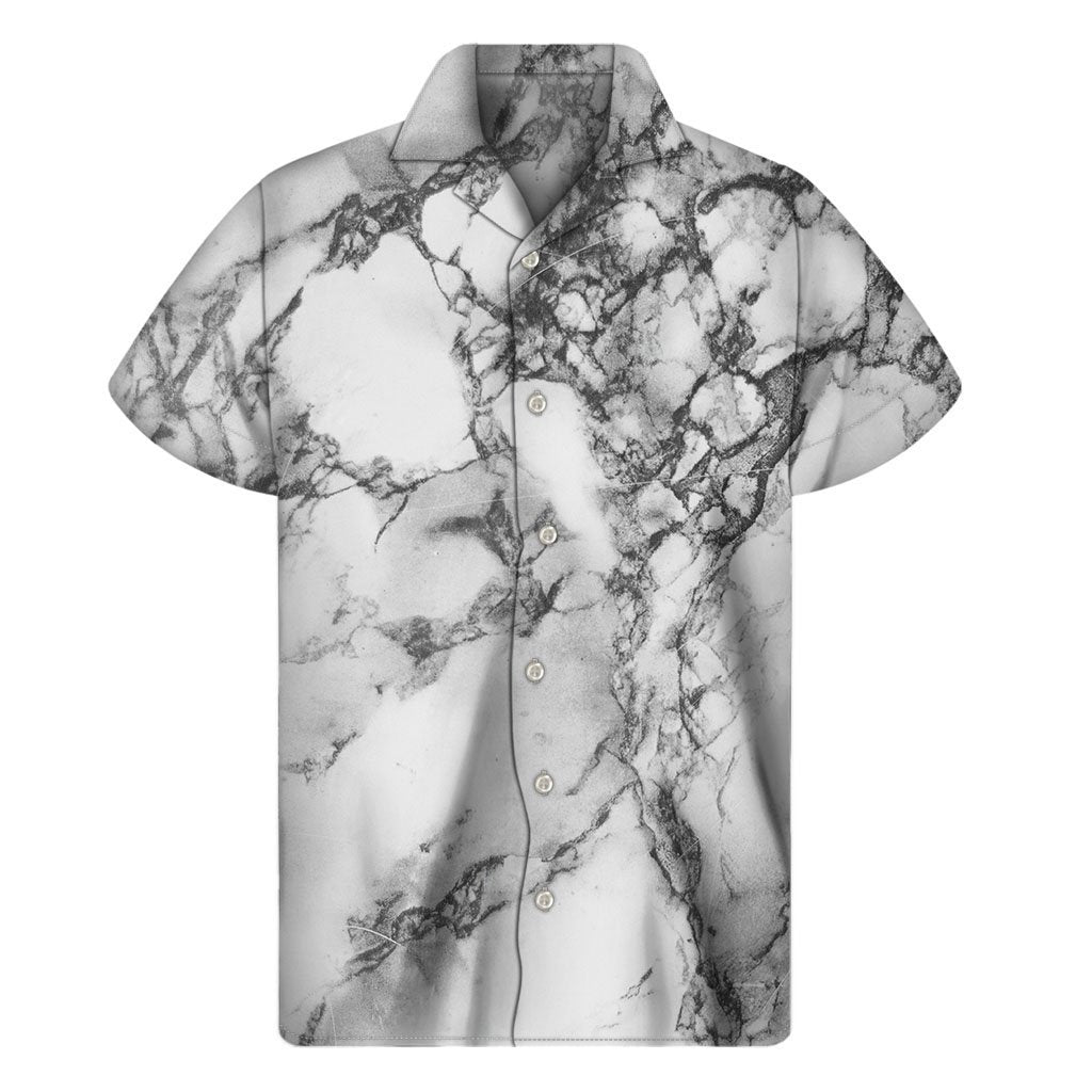 White Dark Grey Marble Print Mens Short Sleeve Shirt Hawaiian