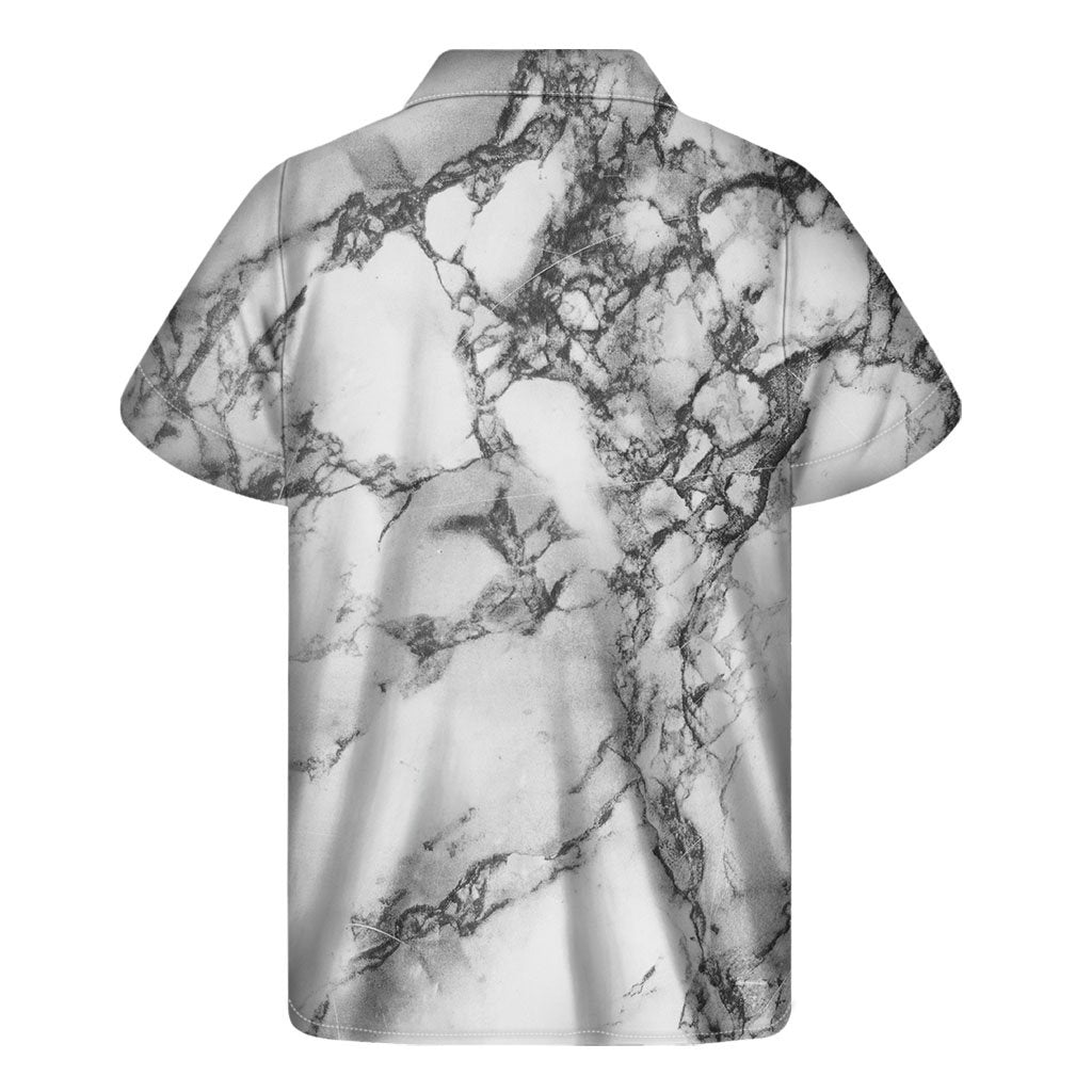 White Dark Grey Marble Print Mens Short Sleeve Shirt Hawaiian