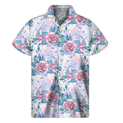 White Fairy Rose Unicorn Pattern Print Mens Short Sleeve Shirt Hawaiian