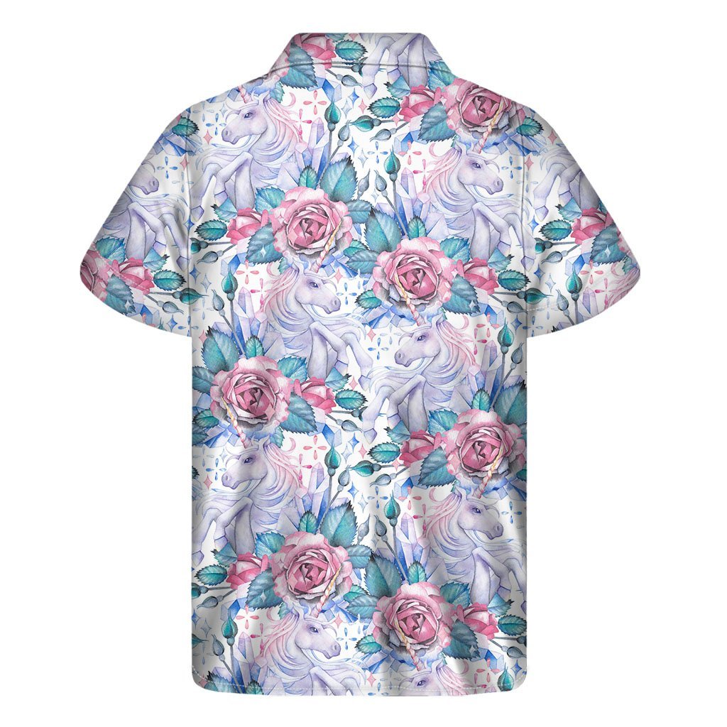 White Fairy Rose Unicorn Pattern Print Mens Short Sleeve Shirt Hawaiian