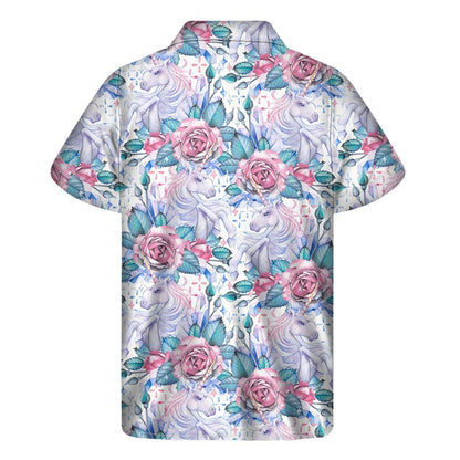 White Fairy Rose Unicorn Pattern Print Mens Short Sleeve Shirt Hawaiian