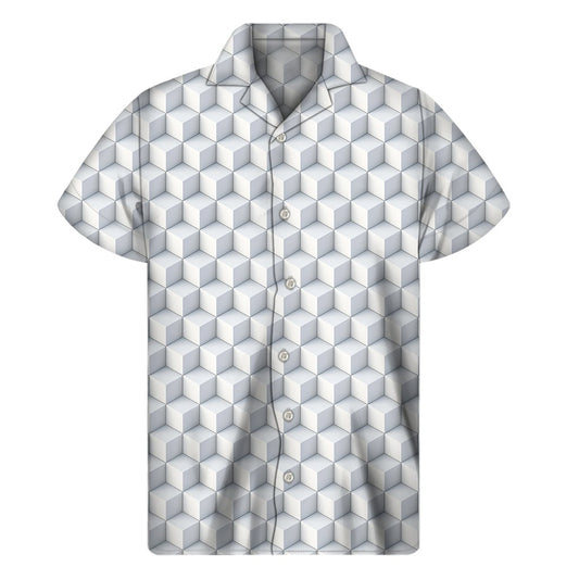 White Geometric Cube Shape Pattern Print Mens Short Sleeve Shirt Hawaiian