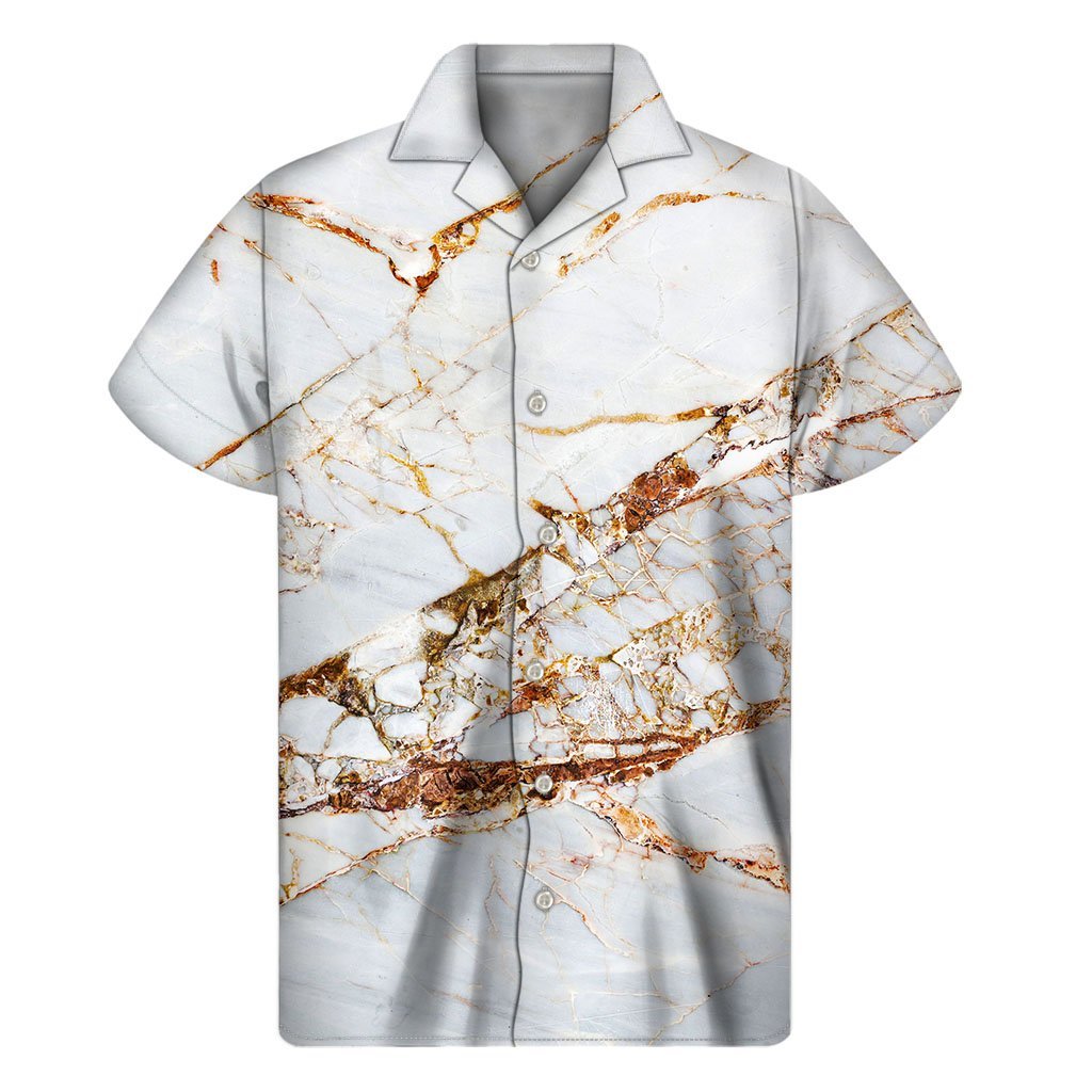 White Gold Grunge Marble Print Mens Short Sleeve Shirt Hawaiian