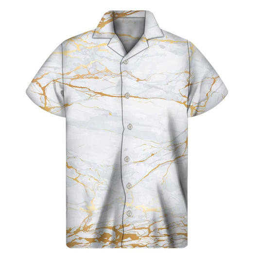 White Gold Scratch Marble Print Mens Short Sleeve Shirt Hawaiian