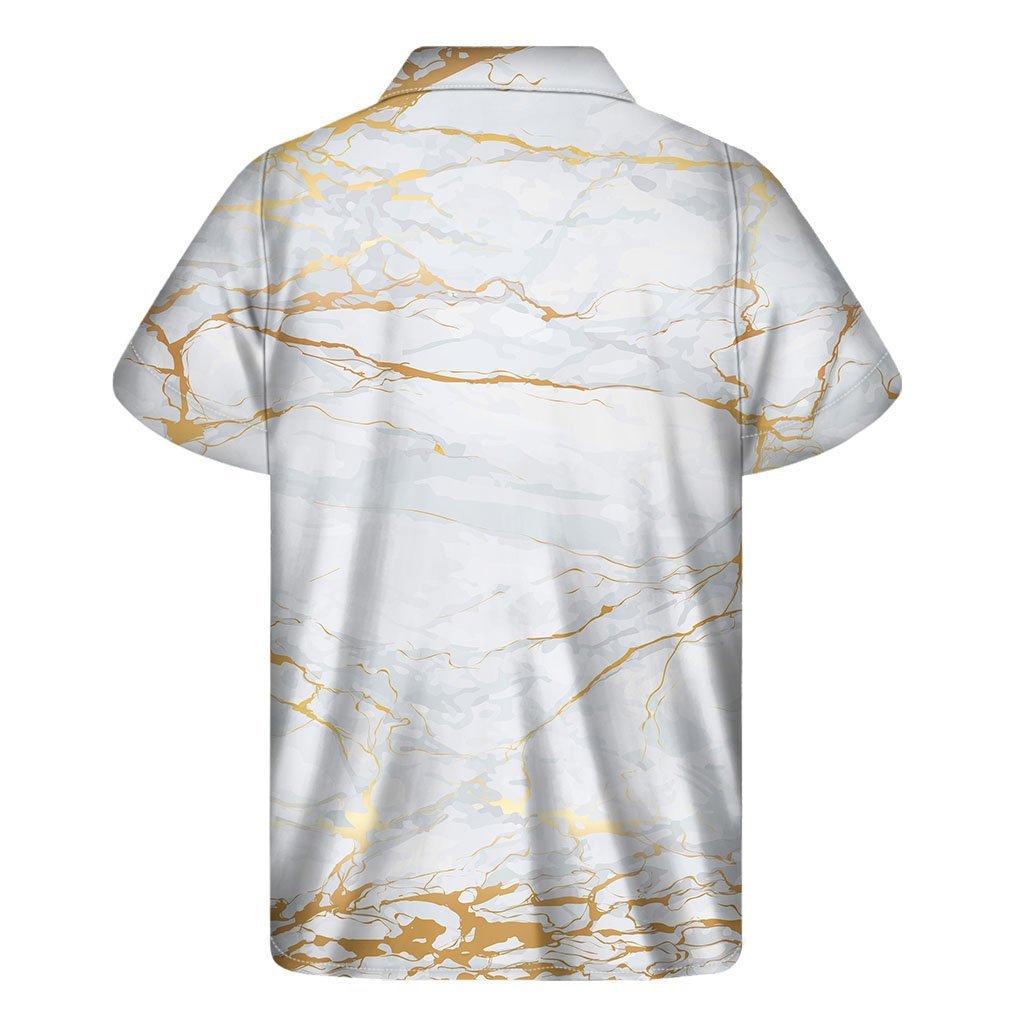 White Gold Scratch Marble Print Mens Short Sleeve Shirt Hawaiian