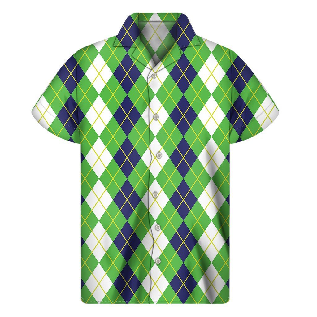 White Green And Navy Argyle Print Mens Short Sleeve Shirt Hawaiian