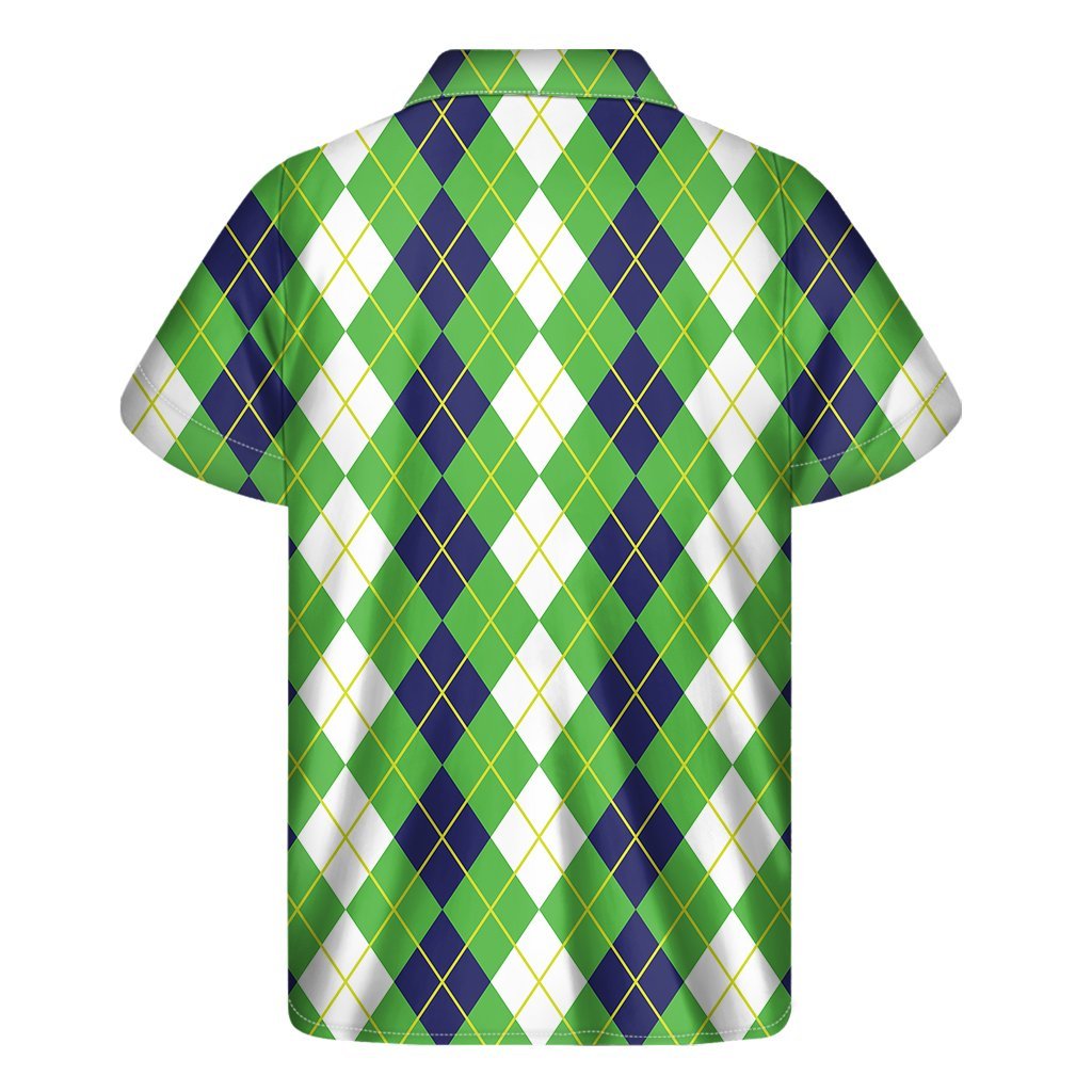 White Green And Navy Argyle Print Mens Short Sleeve Shirt Hawaiian