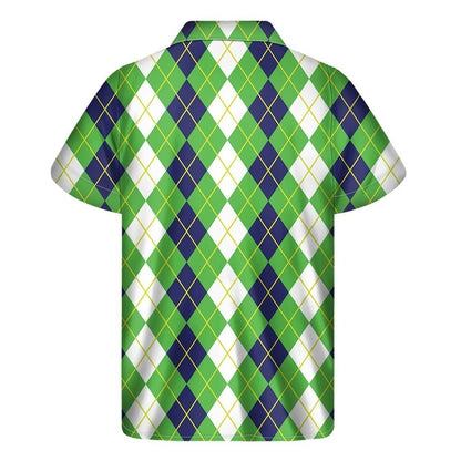 White Green And Navy Argyle Print Mens Short Sleeve Shirt Hawaiian