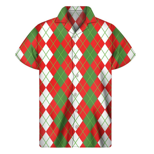 White Green And Red Argyle Pattern Print Mens Short Sleeve Shirt Hawaiian