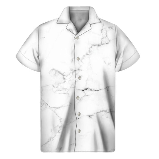 White Grunge Marble Print Mens Short Sleeve Shirt Hawaiian