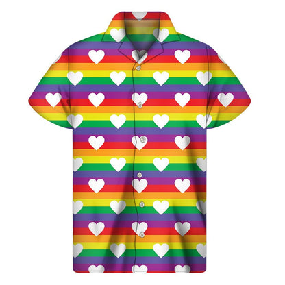 White Heart On Lgbt Pride Striped Print Mens Short Sleeve Shirt Hawaiian