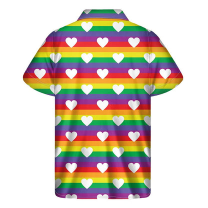 White Heart On Lgbt Pride Striped Print Mens Short Sleeve Shirt Hawaiian