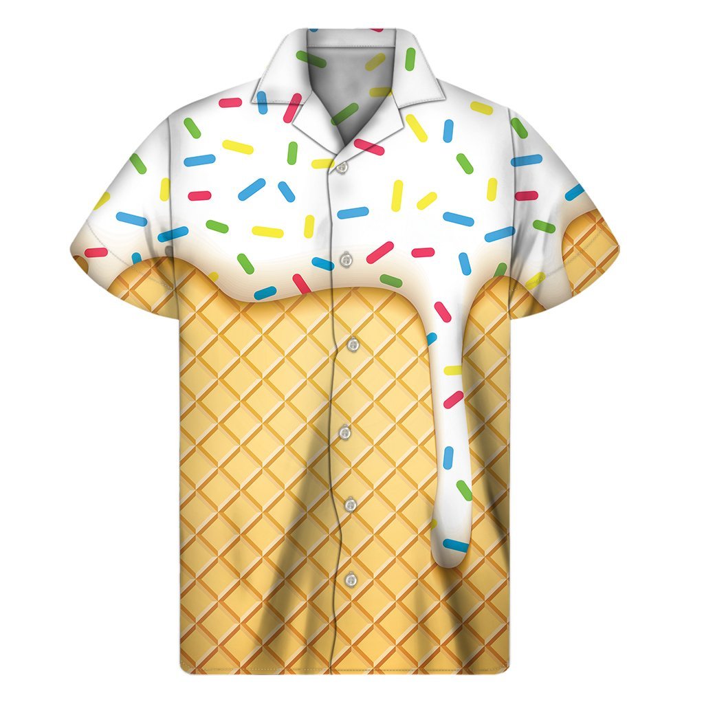 White Ice Cream Melted Print Mens Short Sleeve Shirt Hawaiian