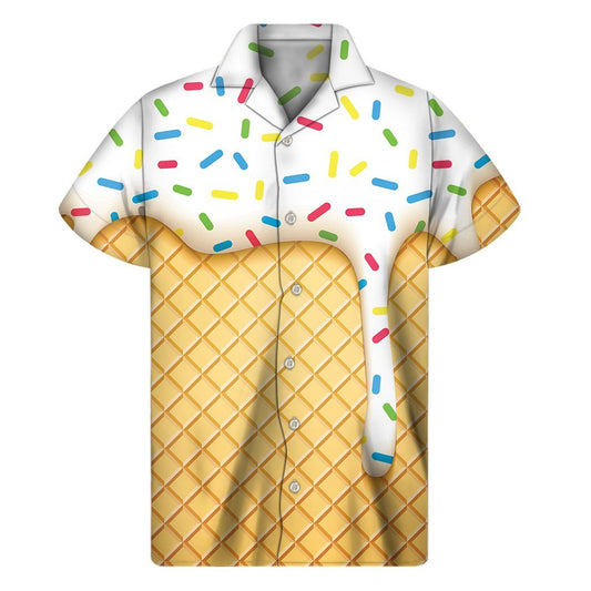 White Ice Cream Melted Print Mens Short Sleeve Shirt Hawaiian