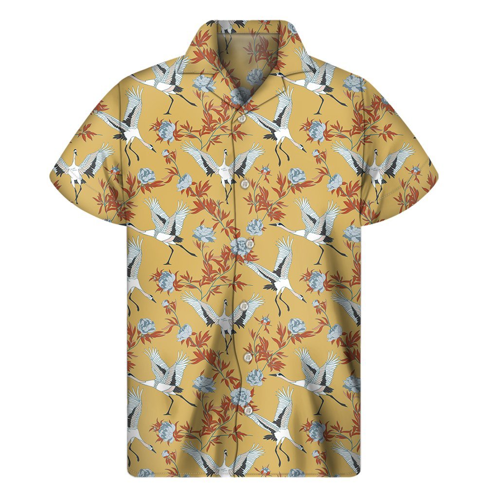 White Japanese Cranes Pattern Print Mens Short Sleeve Shirt Hawaiian