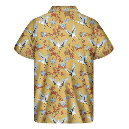 White Japanese Cranes Pattern Print Mens Short Sleeve Shirt Hawaiian