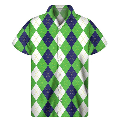 White Navy And Green Argyle Print Mens Short Sleeve Shirt Hawaiian