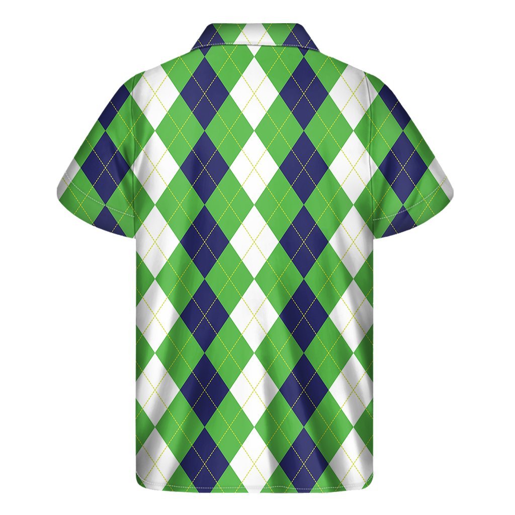 White Navy And Green Argyle Print Mens Short Sleeve Shirt Hawaiian